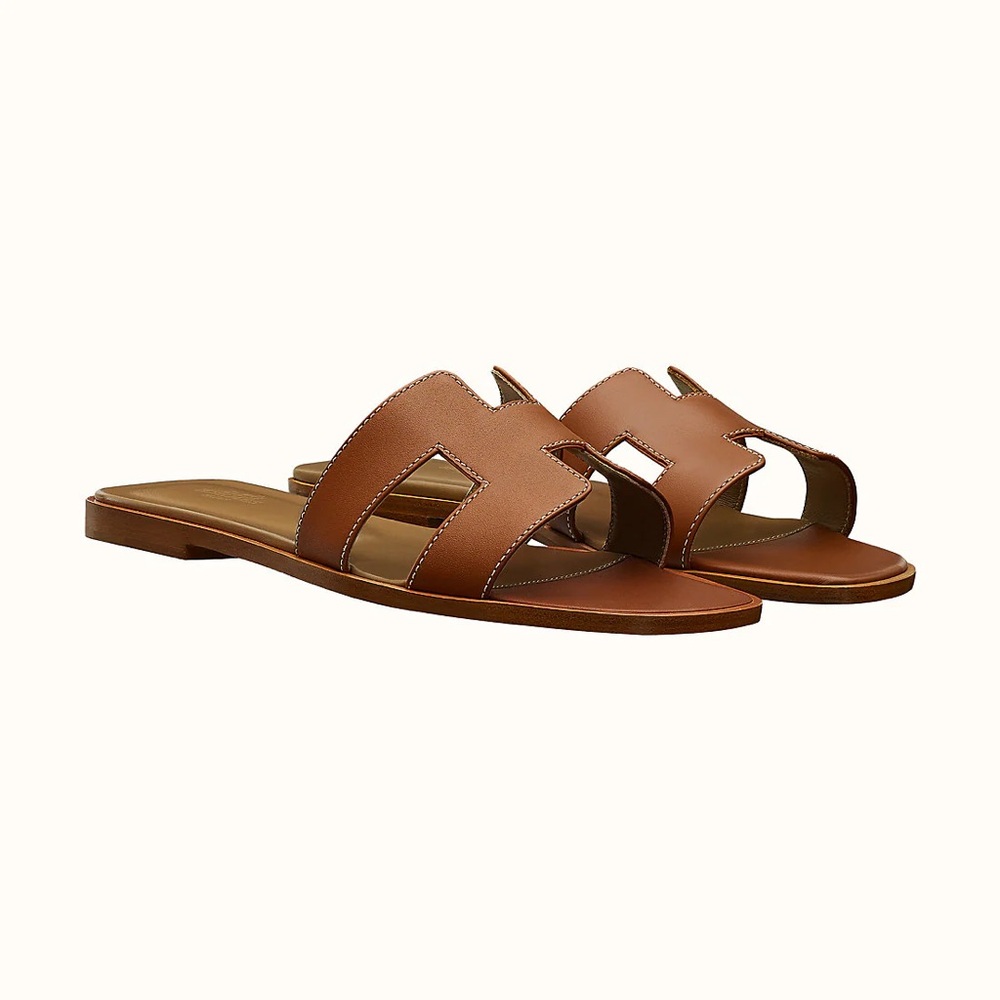 Hermes Tan Leather Slide Sandals with H Cutout